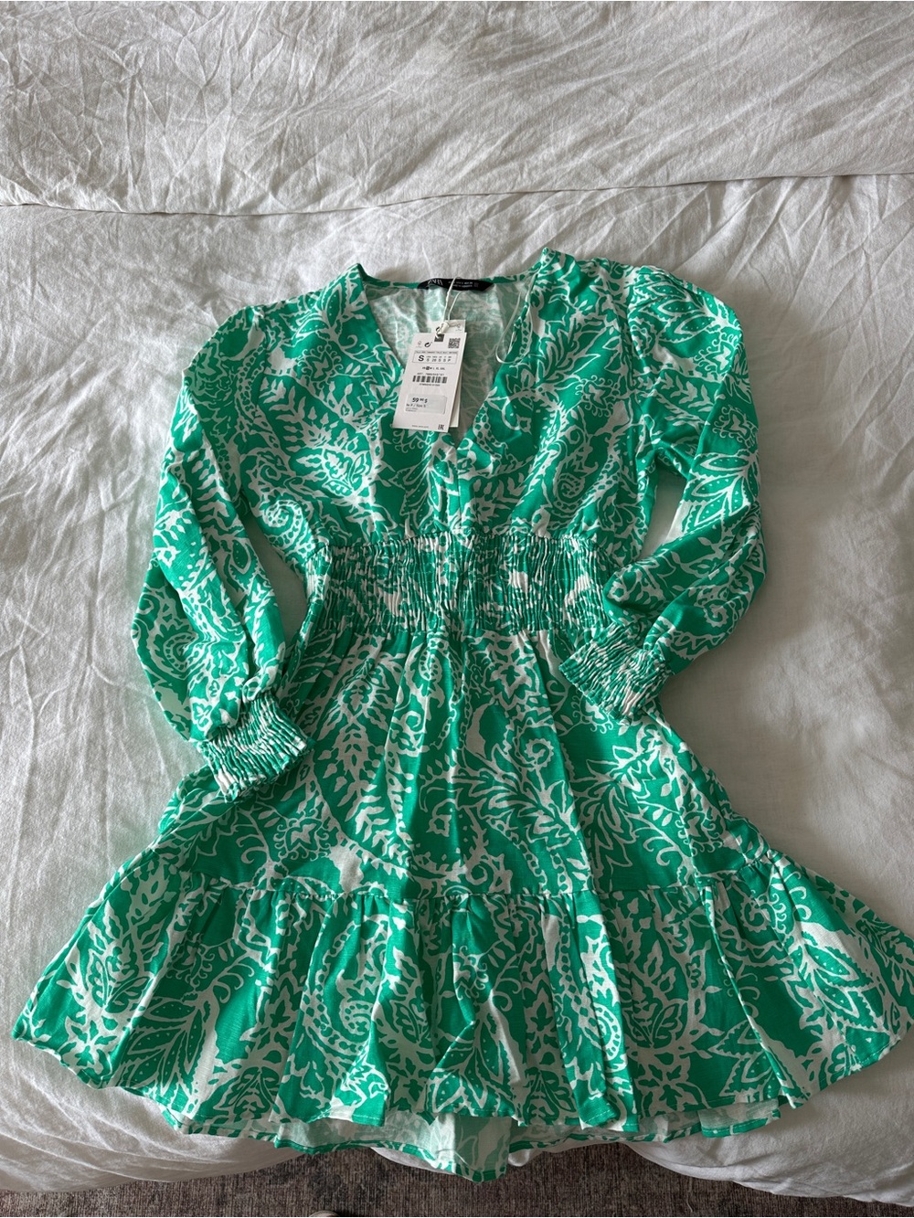 Zara Green and White Paisley Smocked Waist Dress